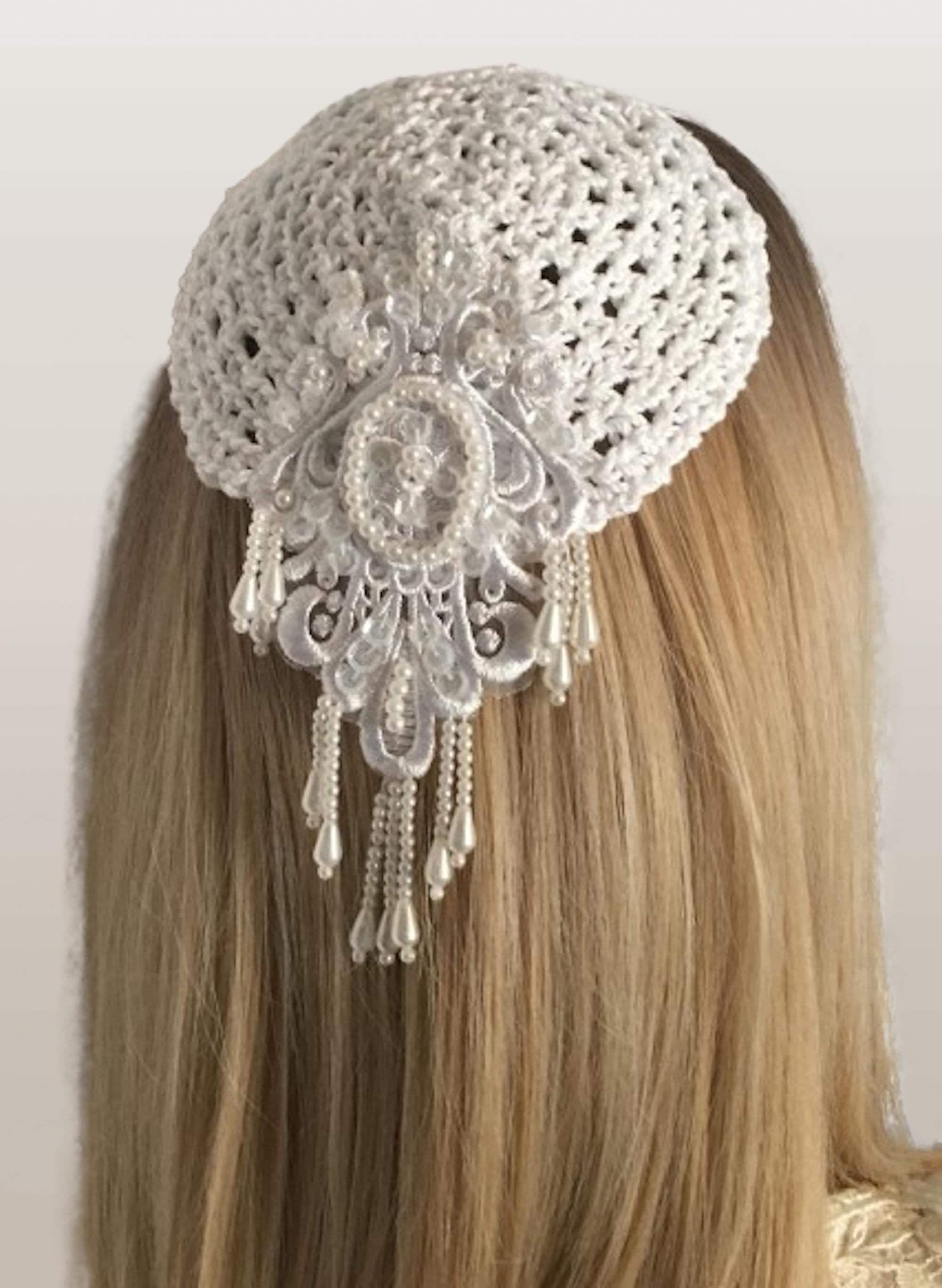 New handmade white color beaded wedding headpiece / Kippah White with Silver Beaded - Women main image 4