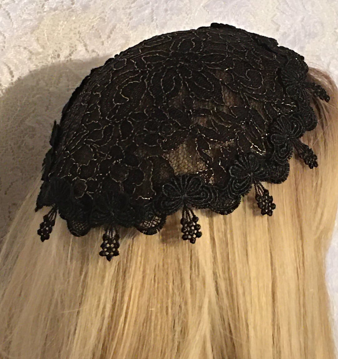 Black Gold Embroidery Lace Doily Headcover, Bat Mitzvah Gift, Lace