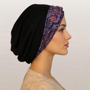 Black Snood - Soft Chemo Headwear Navy Mauve Design Turban Front
