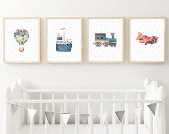 Transportation Nursery Art Prints: Airplane, Train, Ship, Balloon (Digital Download)