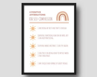 Simpatico poster decorativo/murale stampabile "5 affermazioni positive per se stessi" per l'aula, la sala giochi o la cameretta dei bambini.