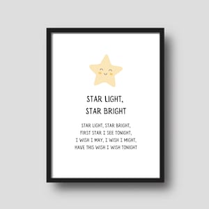 Lindo póster decorativo o arte de pared imprimible con la canción infantil "Star Light Star Bright" para el aula, la sala de juegos o el dormitorio de los niños.