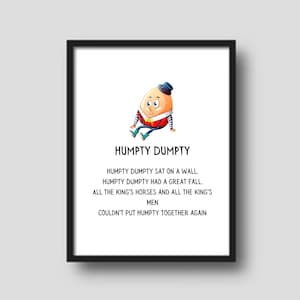 Pôster decorativo/arte de parede bonito e imprimível da canção infantil "Humpty Dumpty" para a sala de aula, sala de jogos ou quarto de criança.