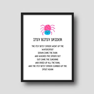 "Niedliches, druckbares Poster mit dem Schriftzug ""Itsy Bitsy Spider"" für das Klassenzimmer, das Spielzimmer oder das Kinderzimmer.