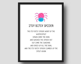 Poster kinderliedje poster Itsy Bitsy Spider: kunst aan de muur in de speelkamer (digitale download)