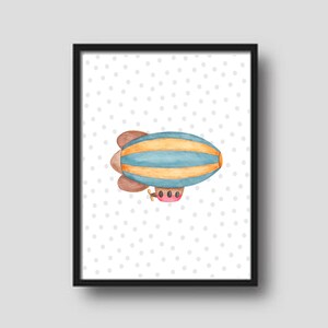 Niedliches, druckbares, dekoratives Poster/Wandbild mit einem Zeppelin für das Klassenzimmer, Spielzimmer oder Kinderzimmer.