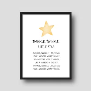 Niedliches, druckbares dekoratives Poster mit dem Titel „Twinkle Twinkle Little Star“ für das Klassenzimmer, das Spielzimmer oder das Kinderzimmer.