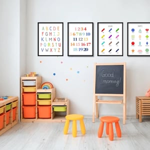 Set aus vier niedlichen, farbenfrohen und druckbaren dekorativen und lehrreichen Postern für das Klassenzimmer, das Spielzimmer oder das Kinderzimmer.