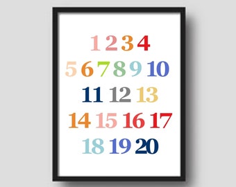 Afdrukbare decoratieve en educatieve posters voor in de klas, in de speelkamer of in de therapieruimte: cijfers 1-20