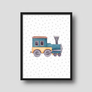 Niedliches, druckbares, dekoratives Poster/Wandkunst mit einem Zug. Verwenden Sie im Klassenzimmer, Spielzimmer oder Schlafzimmer Ihres Kindes.