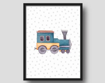Leuke, bedrukbare kleurrijke, decoratieve poster/muurkunst met een trein. Gebruik in de klas, speelkamer of slaapkamer van je kind.