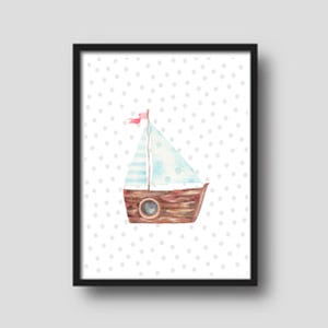 Niedliches, druckbares, dekoratives Poster/Wandbild eines Segelboots für das Klassenzimmer, Spielzimmer oder Kinderzimmer.