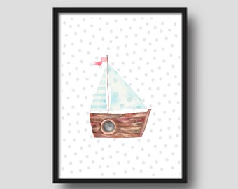 Simpatico poster/decorazione da parete colorata, stampabile e stampabile con una barca a vela per l'aula, la sala giochi o la cameretta dei bambini.