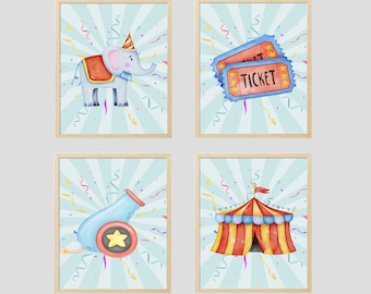 Prints circuskwekerij: olifant, tent, kaartjes, kanon (digitale download)