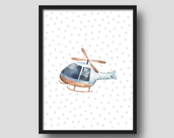 Grazioso poster/wall art decorativo colorato e stampabile con un elicottero, per l'aula, la sala giochi o la cameretta dei bambini.