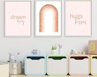 Blush Pink Girls Room Posters: Rainbow, Dream Big, Hugs Kisses (Digital Download)