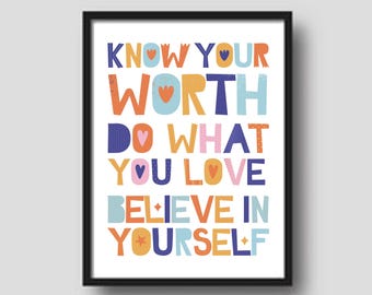 Poster "Conosci il tuo valore", decorazioni per la sala giochi, arte per la classe (download digitale)