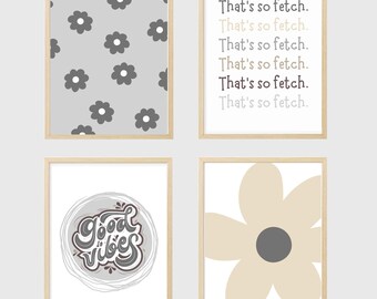 Set di poster preppy neutri: motivo floreale, buone vibrazioni, così attraente (download digitale)