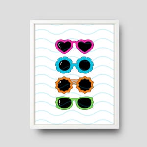 "Niedliches, druckbares dekoratives Poster ""Colorful Sunglasses"" für das Klassenzimmer, Spielzimmer oder Kinderzimmer.