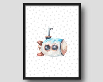 Simpatico poster/muro decorativo colorato e stampabile con un sottomarino. Utilizzare nella classe, nella sala giochi o nella camera da letto di tuo figlio.