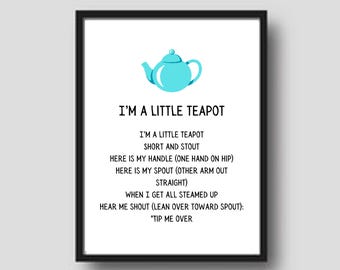 I'm a Little Teapot poster kinderliedje: kunst aan de muur speelkamer (digitale download)