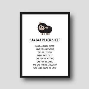 Niedliches, druckbares dekoratives Poster mit Kinderreim „Baa Baa“ für das Klassenzimmer, das Spielzimmer oder das Kinderzimmer.