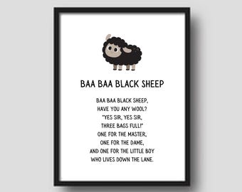 Poster Baa Baa Black Sheep kinderliedje: kunst aan de muur speelkamer (digitale download)