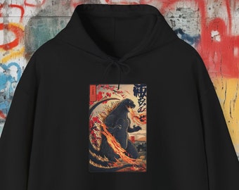 Japanese Godzilla Woodblock Style Hoodie | Monster Hoodie | Traditional Art Sweatshirt | Kaiju Hooded Sweatshirt | Retro Japanese Hoodie