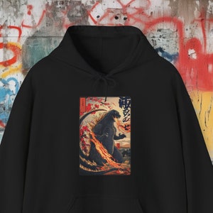 Japanese Godzilla Woodblock Style Hoodie | Monster Hoodie | Traditional Art Sweatshirt | Kaiju Hooded Sweatshirt | Retro Japanese Hoodie