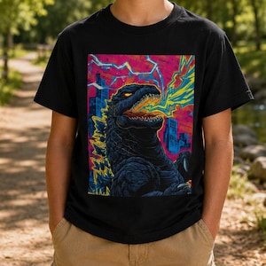 Puede incluir: Una camiseta negra de manga corta con un estampado gráfico de un monstruo oscuro y texturizado con ojos amarillos brillantes y la boca abierta emitiendo energía amarilla, sobre un fondo vibrante de rayos rosas, azules y amarillos.