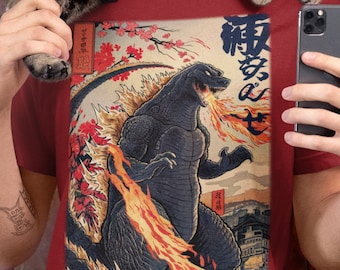 Japanese Godzilla Woodblock Style Shirt | Bella + Canvas Unisex Tee | Retro Horror Monster T-shirt | Kaiju Fan Top | Unique Gift Idea
