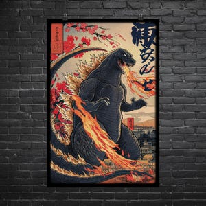 Japanese Godzilla Woodblock Poster | Retro Movie Decor | Vintage Horror Wall Art | Kaiju Poster for Monster Fans | Unique Gift for Movie
