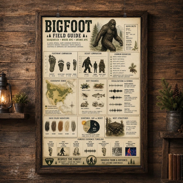 Bigfoot Field Guide Poster Sasquatch Facts Vintage Print Bigfoot Wall Art Cryptid Poster Retro Cabin Decor Gift For Bigfoot Fans Lodge Decor