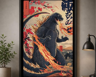 Japanese Godzilla Woodblock Poster | Retro Movie Decor | Vintage Horror Wall Art | Kaiju Poster for Monster Fans | Unique Gift for Movie