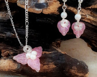 Spring Flower Jewelry Set Necklace Earrings Fairy Pink