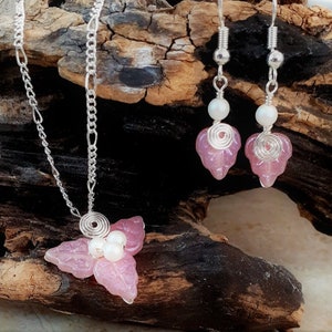 Spring Flower Jewelry Set Necklace Earrings Fairy Pink image 1