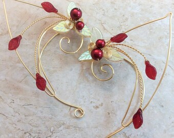 Red Gold Elf Ear Cuff Pair Wraps Elven Ear Cuffs  Fairy Jewelry