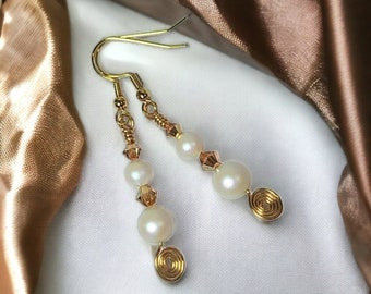 Celtic Spiral Dangle Earrings Golden Crystal and Aurora Pearls with French Hook, Leverback, Post, or No Pierce Ear Cuff