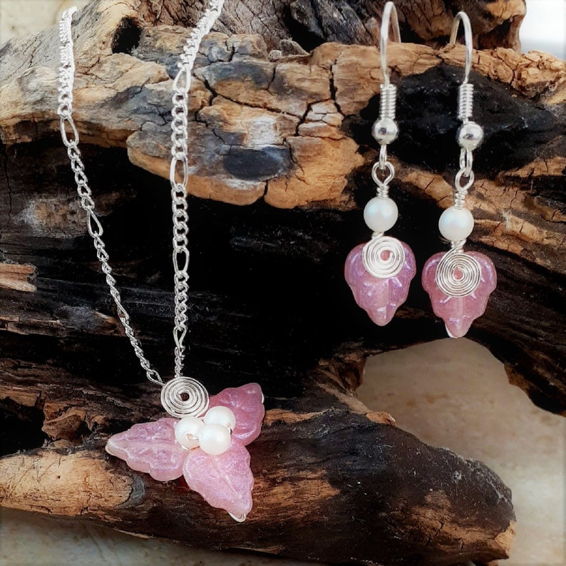 Spring Flower Jewelry Set Necklace Earrings Fairy Pink image 1