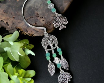 Tree of Life Dangle Ear Cuff with Celtic Knot Shamrock - No Piercing, Behind the Ear Boho Earrings Single or Pair