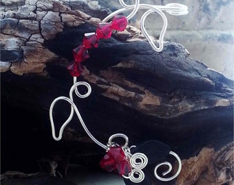 Crystal Ear Climber Cuff No Piercing Ruby Red and Black, Fairy Grunge Non Pierced Ear Jacket