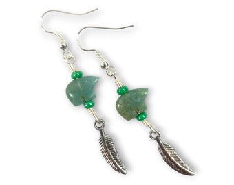 Aventurine Dangle Earrings, Zuni Bear and Feather with French Hook, Post, Leverback or No Pierce Ear Cuff