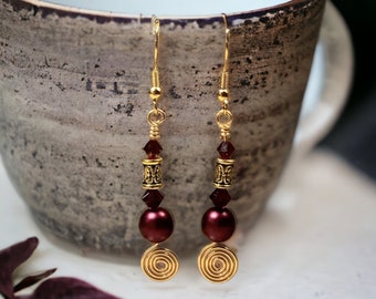 Celtic Spiral Dangle Earrings Sangria Red and Gold with French Hook, Leverback, Post, or No Pierce Ear Cuff