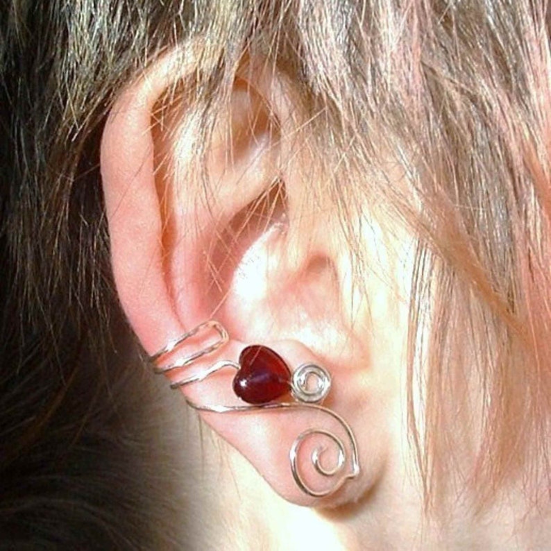 Ear Cuff Celtic Heart Spiral 2 in 1 Garnet Red with Silver No Piercing Dangle Ear Cuff Drop Earrings image 2