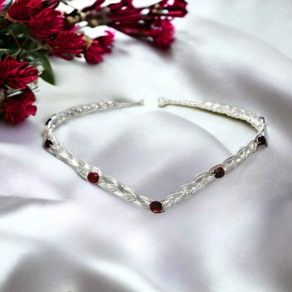 Garnet Renaissance Circlet Crown with Silver or Gold Celtic Weave Band
