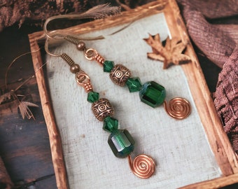 Celtic Spiral Dangle Earrings Copper Emerald Green Irish with French Hook, Leverback or No Pierce Ear Cuff