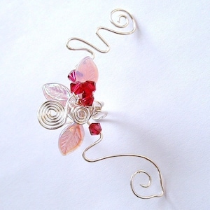 Pink Cherry Blossom Ear Cuff Ear Jacket Climber, No Piercing, Fairy Jewelry, Fantasy Vine Wrap, bridal ear cuff