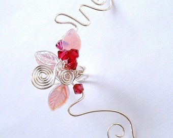 Pink Cherry Blossom Ear Cuff Ear Jacket Climber, No Piercing, Fairy Jewelry, Fantasy Vine Wrap, bridal ear cuff