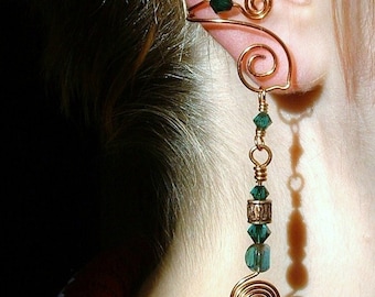 Ear Cuff Celtic Spirals 2 in 1 Copper Green Irish, No Piercing Ear Cuff Dangle Earrings