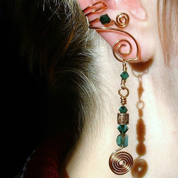 Ear Cuff Celtic Spirals 2 in 1 Copper Green Irish, No Piercing Ear Cuff Dangle Earrings